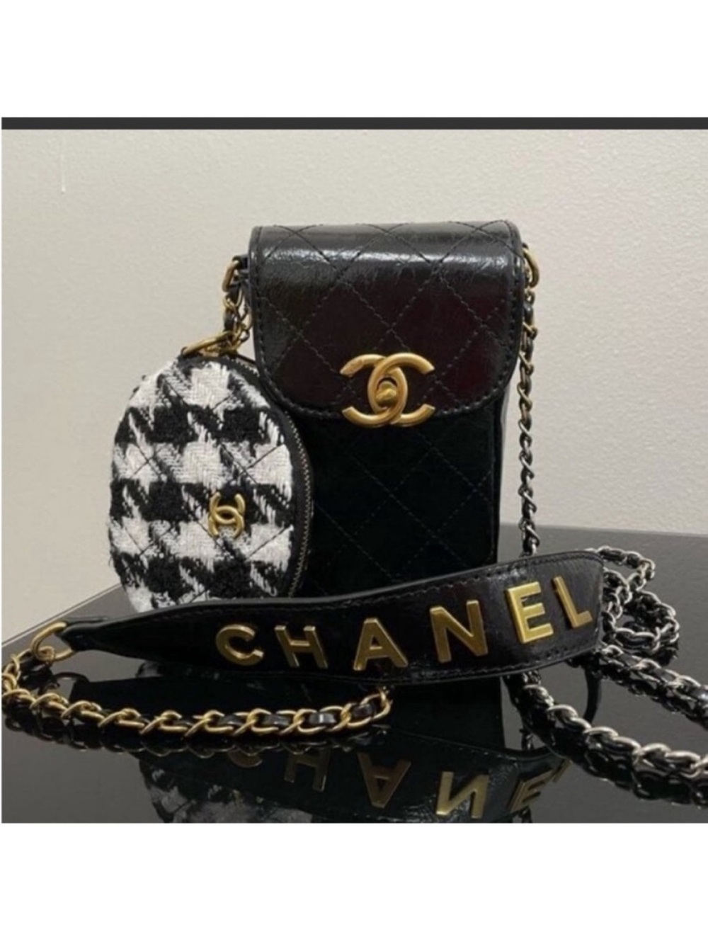 Chanel Black Quilted Leather Crossbody with Houndstooth Coin Pouch VIP GWP